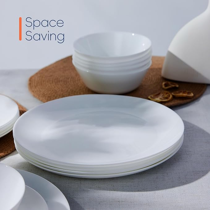 Dinnerware Sets for 4, 12 Piece White Opal Glass Dish Set | Plates and bowls with dishwasher and microwave safe features, chip and scratch resistant dishware for everyday use