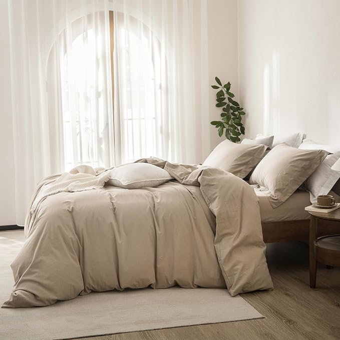 Linen Feel Duvet Cover Queen Size 90inch x 90inch,100% Washed Cotton Duvet Cover with Zipper Closure and 2 Pillowcases, Color of Mocha Brown