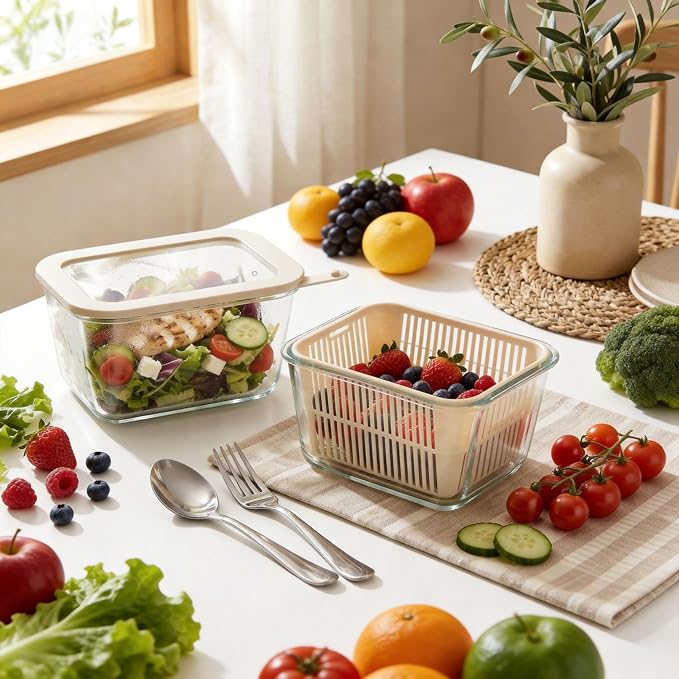 Glass Food Storage Containers with Glass Lids, Microwave Safe Food Container Set, Aitight Meal Prep Container Set, BPA Free, 2 extra Colanders, LeakProof, 2 Pack of 60oz