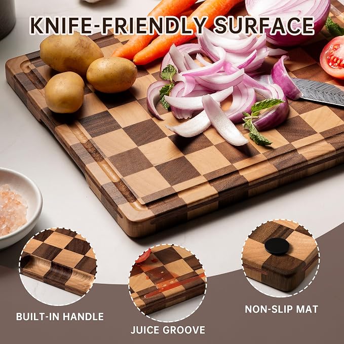 Checkered Cutting Board Set, Walnut Wood Cutting Boards for Kitchen | 3PCS Wooden Chopping Board with Juice Groove & Handles, Upgraded Decorative Serving Tray for Meat Vegetables Fruits with Box