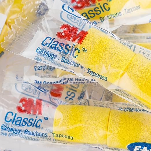 3M Ear Plugs, E-A-R Classic 312-1201, 200 Pairs of Disposable Earplugs, 1 Pair/Poly Bag, Uncorded, Noise Reduction Rating 29 dB NRR, Foam, Regular Size, Roll Down, Compliant with ANSI/ASA S12.71-2018