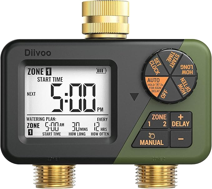 Diivoo Brass Sprinkler Timer 2 Zone, IP66 Waterproof Programmable Water Hose Timer 2 Outlet with Large Display, Rain Delay & Manual Watering for Outdoor Automatic Irrigation of Garden, Lawn, Yard