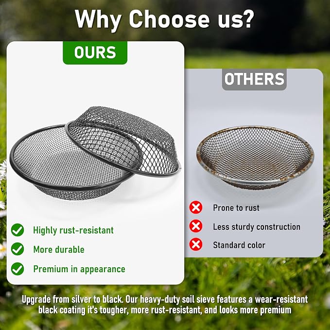 2Pcs 11.8" W Soil Sifter for Gardening, 2, 4mm Grid Rock Sifter for 5 Gallon Bucket, Stainless Steel Fine Dirt Sifter, Compost Sifter for Capturing Dirt, Sand, Rocks, and Filtering Compost (Black)