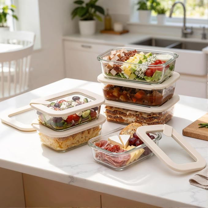 Glass Food Storage Containers with Glass Lids, Microwave Safe Food Container Set, Aitight Meal Prep Container Set, LeakProof, 100% Plastic Free, 6 Pack
