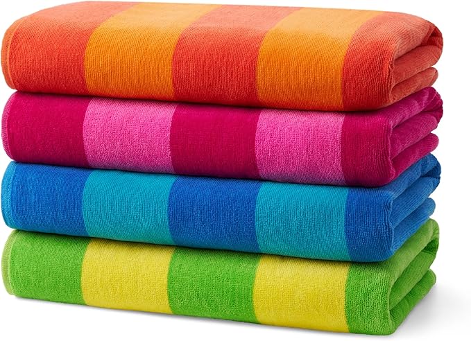 Kaufman - Soft Oversized Beach Towels in Bulk | 29" x 58" Velour Striped Towel | Absorbent, Quick-Drying | 100% Cotton Thick Towels (4 Pack)
