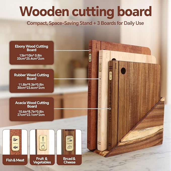 Wood Book Cutting Board Set with Stand, Wooden Cutting Boards for Kitchen,Knife Friendly Decorative Board that Look Like Books, Easy to Store & Clean,Unique Gift for Book Lovers & Home Cooks