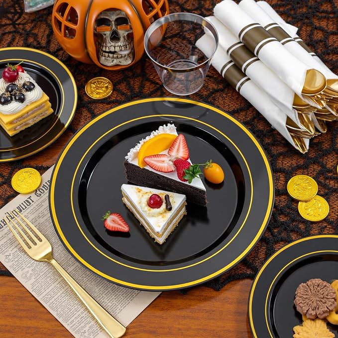 WDF Partyware 175PCS Black and Gold Plates - Black Disposable Plates for Party - 25Guests Disposable Dinnerware Set for Wedding/Party/Birthday/Halloween