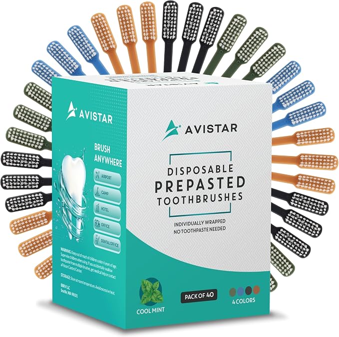Avistar 40 Prepasted Disposable Toothbrushes Individually Wrapped - Single Use Pre Pasted Disposable Toothbrushes with Toothpaste Built in - Waterless Toothbrush for Travel, Guests, Hotel, & Camping