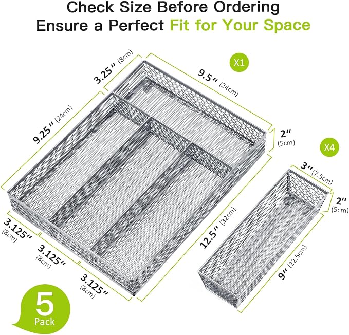 Neudeco Drawer Organizer Set, Silver, 5 Pack | 4-Compartment Silverware Tray, 4 Utensil Trays, Silver Mesh, Non-Slip, For Flatware, Cutlery, Office Supplies