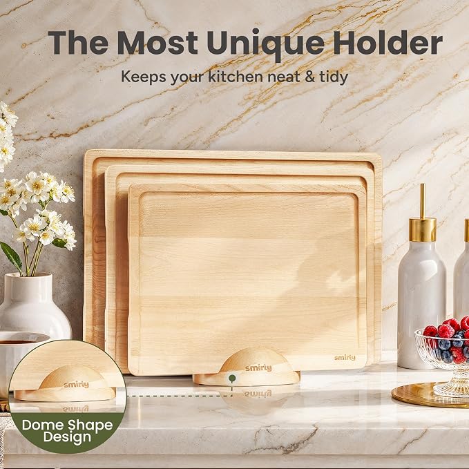 SMIRLY Cutting Boards for Kitchen, 3 Piece Birch Cutting Board with Stand | Non Toxic Wooden Cutting Board with Juice Grooves and Handles, Multiple Sizes Chopping Boards for Meat Vegetable Charcuterie