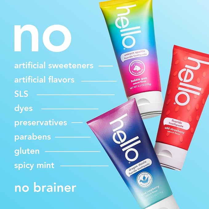 hello Kids Fluoride Toothpaste Variety Pack, 3 Pack, 4.2 oz | Bubble Gum, Strawberry, and Blue Raspberry Flavors, Safe for Kids Ages 2 and Up, Prevents Cavities, Polishes, and Brightens