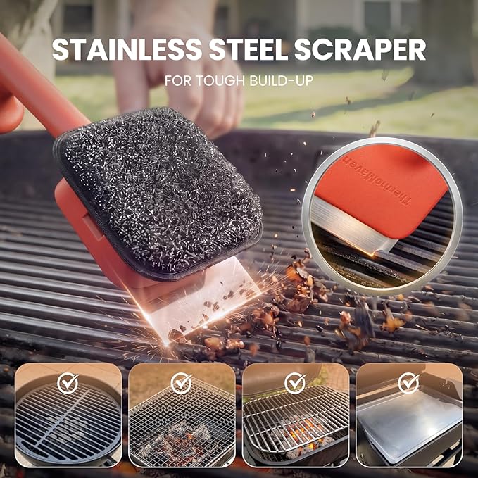 ThermoMaven Bristle-Free BBQ Grill Brush - No Wire Risk Steam Cleaner Removes Burnt Grease Fast - 17" Cool-Touch Handle, Scraper & 3 Replaceable Heads for Gas, Charcoal & Cast Iron