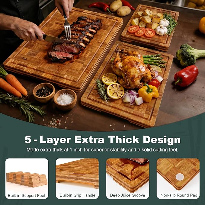 Extra Large Bamboo Cutting Boards, 3-Pack Heavy Duty Bamboo Cutting Boards Set with Juice Grooves & Non-Slip Feet – Extra Large Thick Wood Chopping Board for Meat, Fruits & More, Non-Toxic & Durable