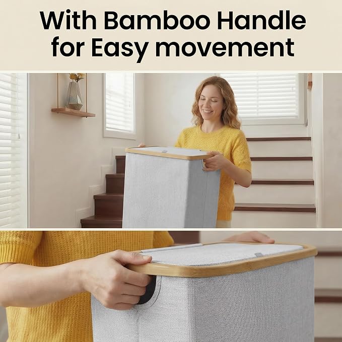 efluky Slim Laundry Basket with Lid, Narrow Laundry Hamper with Removable Bag, Skinny Dirty Clothes Basket with Bamboo Handles for Bathroom, Bedroom & Laundry Room, 75L Light Grey