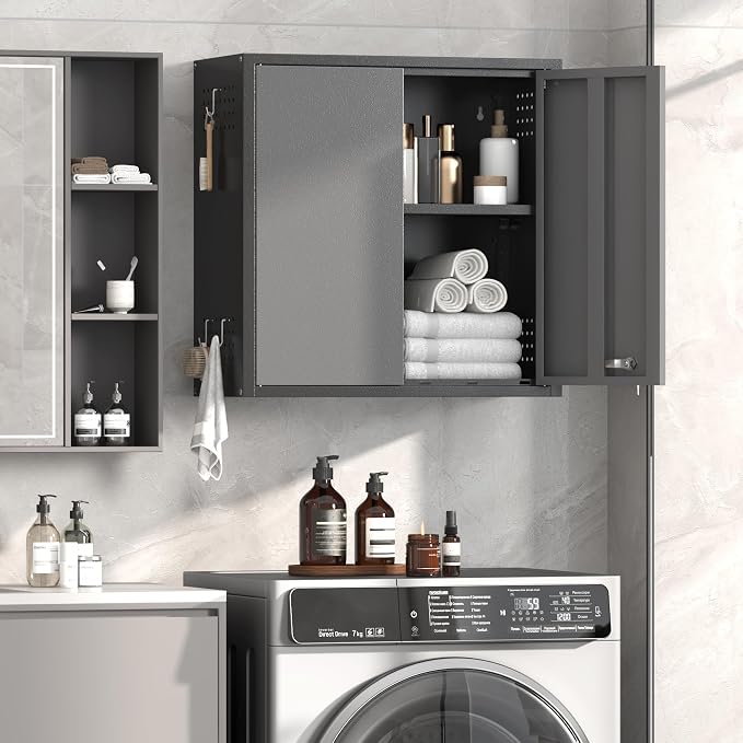 Coolsun Garage Wall Cabinet, 26" H Metal Wall Cabinet with Lockable Doors and Adjustable Shelf, Wall Mounted Metal Storage Cabinets for Garage Assembly Required (26" H Black Gray)