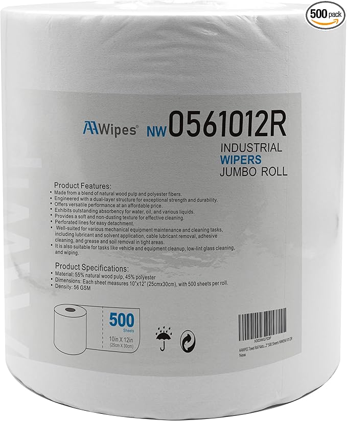 AAwipes Industrial Wipes Multi-purpose Cleanroom Wipes | 500 PCS | 10"*12", White| Dust-Free Cellulose/Polyester Blend Disposable, Jumbo Roll, High Absorbency - NW0561012R