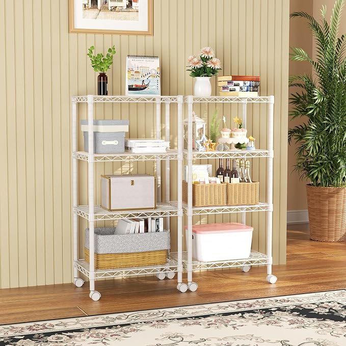 SINGAYE 4 Shelves Storage Shelf Wire Shelving Unit Metal Adjustable Wheels | Small Shelf Storage with Wheels Organizers Closet Unit for Bathroom Laundry Room Kitchen Pantry11.5D x 17.5W x 45H White