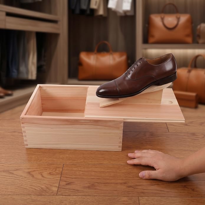 Shoe Shine Valet Box - Wood Shine Organizer with Foot Rest - Wooden Care Tools Storage for Polish, Brushes, Cloths & Tools