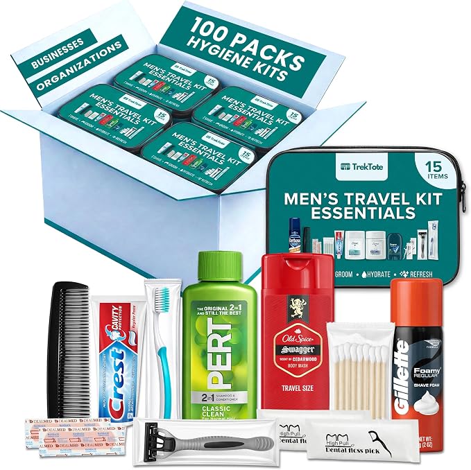 Bulk 100 Case Pack of Mens 15 Piece Set Hygiene Kits, Bulk Travel Size Toiletries Kits, Deodorant, Shampoo, Body Wash, Shaving Cream, Razor, Toothbrush, Toothpaste, Comb, Flossers, Swabs