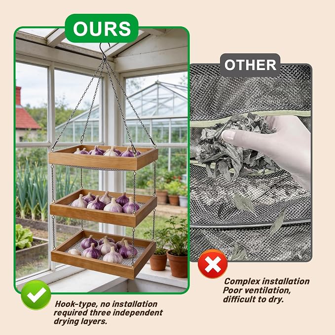 Tnstbiee 3-Tier Hanging Wooden Herb Drying Rack, Compact Mesh Flower Dryer | 13.75"x9.84" Mesh Herb Dryer. Space-Saving For Herbs, Pasta & Blooms, Perfect For Craft Rooms, Sunrooms, Gift For Gardeners