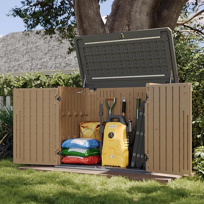 Aoxun Outdoor Storage Cabinet, 35 Cu Ft Waterproof Portable Horizontal Resin Shed Outdoor Storage for Garbage Bin, Generators & Yard Gear, and Lawn Mower (Brown)