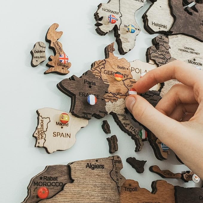 Enjoy The Wood 3D Wooden World Map Wall Art - Large Travel Map with Pins for Art Decor - Decorative Map of the World for Home, Office - Travel Wall Art Housewarming Gift Idea (Flags Push Pins, Pins)