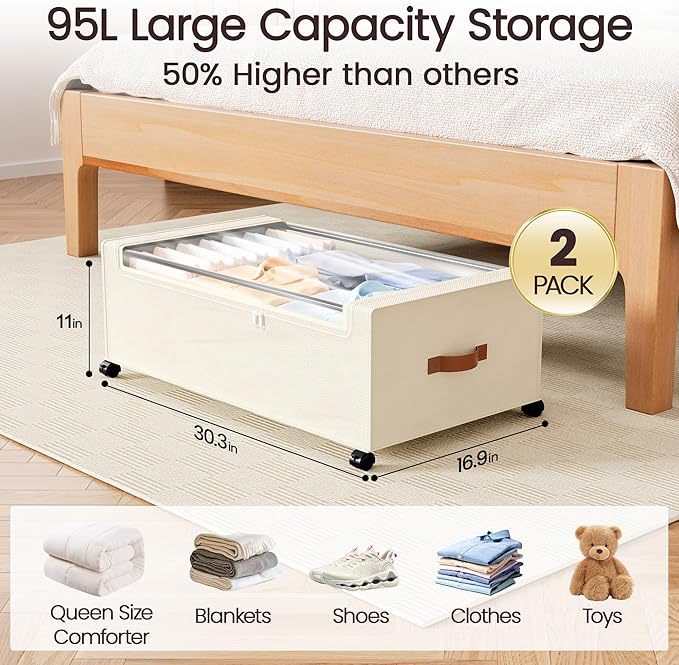 Yecaye 95 L Under Bed Storage with Wheels, 11 in Under Bed Storage Containers, Large Under Bed Shoe Storage with Lids, Rolling Underbed Storage bins for Clothes, Blankets, Beige