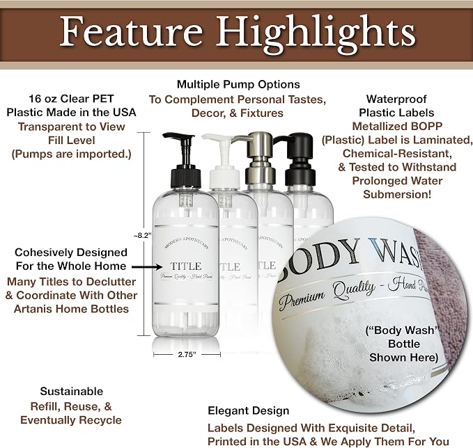 Clear Refillable Shampoo and Conditioner Bottles - Body Wash, Shampoo and Conditioner Dispenser - PET Plastic Shampoo Bottles Refillable with Pump - Waterproof Labels - 16 oz, 3 Pack (Black Satin)