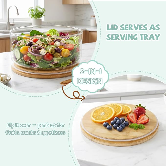 Jolitac 197oz Glass Trifle Bowl with Lid - Extra Large 10 inch Clear Glass Salad Bowl