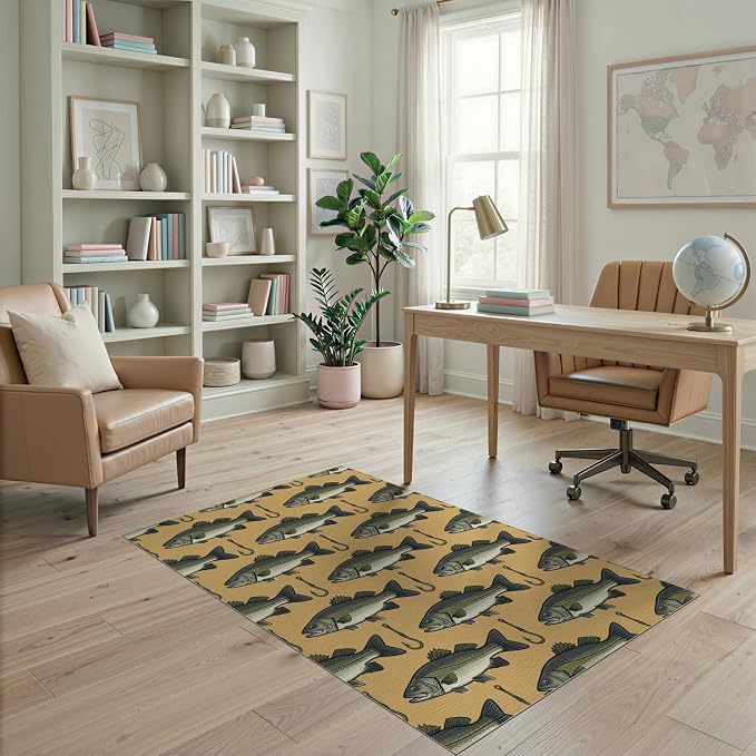 4'x6' Washable Area Rug Bass Lure Hook Motif Tackle Border Angler Lake Vintage Fish Fishing Refined for Dorm Room, Small Living Apartment, Stain Resistant Low Profile