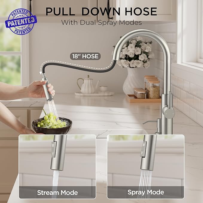 FORIOUS Kitchen Faucet with Soap Dispenser, High Arc Stainless Steel | Lead-Free, Single Handle, Brushed Nickel Pull Down Sink Faucets,1 or 3 Hole Deck Mount for RV/Bar/Laundry/Outdoor
