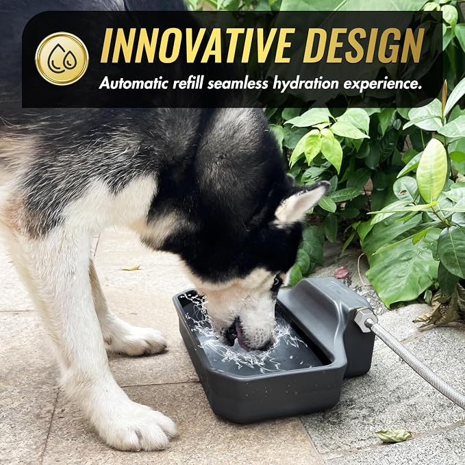 FICUSWIN 135OZ Automatic Water Dispenser for Large Dogs Patented Outdoor Dog Water Bowl Dispenser Automatic Dog Feeder Fit 3/4'' GHT Faucet Dog Waterer Include Water Hose Extra-Large Drinking Area