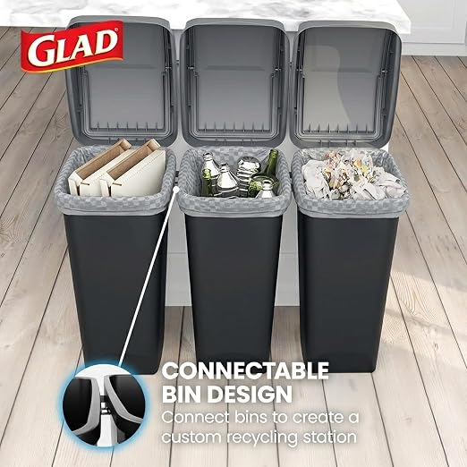 Glad 12 Gallon Trash Can with Clorox Odor Protection, 3 Pack | Linkable Waste and Recycling Bin with Swing Top and Lift Up Lid, for Kitchen, Office, Home, Black