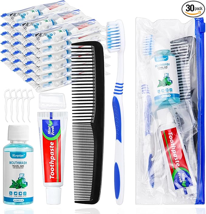 30 Set Travel Toothbrush Kit Bulk,Disposable Toothbrush with Toothpaste Set with Mouthwash,Toothpaste,Cover,Comb,Zip Bag,Floss Picks,Toothbrushes Set for Homeless,Travel