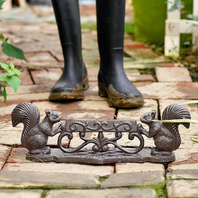 Sungmor Heavy Duty Cast Iron Boot Scraper, Vintage Rustic Black Squirrel Boot Cleaner, Garden Front Door Entrance Shoe Scrubber Mat, Farmhouse Outdoor Patio Decorative Mud Cleaner