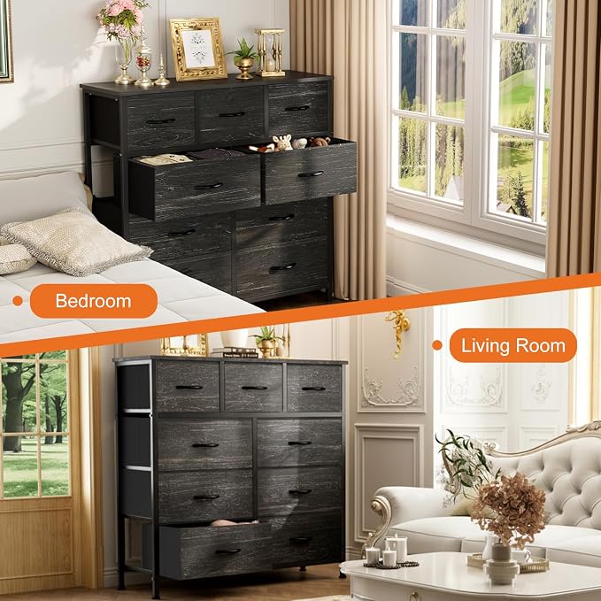 Sweetcrispy 9 Drawer Fabric Dresser Storage Tower with Wood Top and Steel Frame, Organizer Chest with Easy Pull Handles for Bedroom, Closet, Hallway,Black Wood Grain