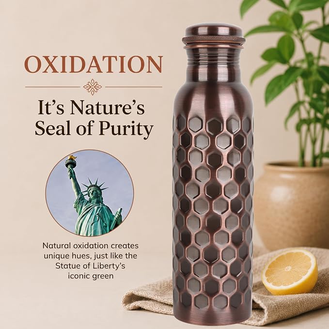 Copper Water Bottle 32 Oz Extra Large, Real Copper Drinking Bottle, Antique Honeycomb Ayurvedic Pure Bottle for Drinking Water, Leak Proof Lid with Cleaning Brush, Home Office Use