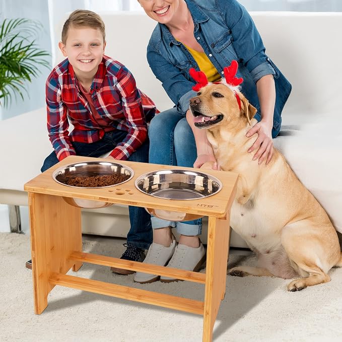 HTB Elevated Dog Bowl Stand with 2 Stainless Steel Bowls-14 H XLarge Bamboo | Raised Dog Bowl Stand, 14"tall, 48 Oz Bowls, for Large Sized Dogs, Pet-safe, Solid Bamboo