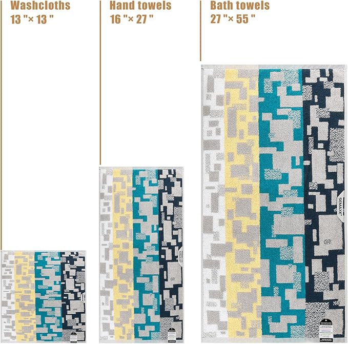 SEMAXE Bath Towel Set, 18 Piece Towel Set for Bathroom, Large Value Pack, Quick Dry Cotton Towels with Hanging Loops, Easy Care, Geometric Pattern