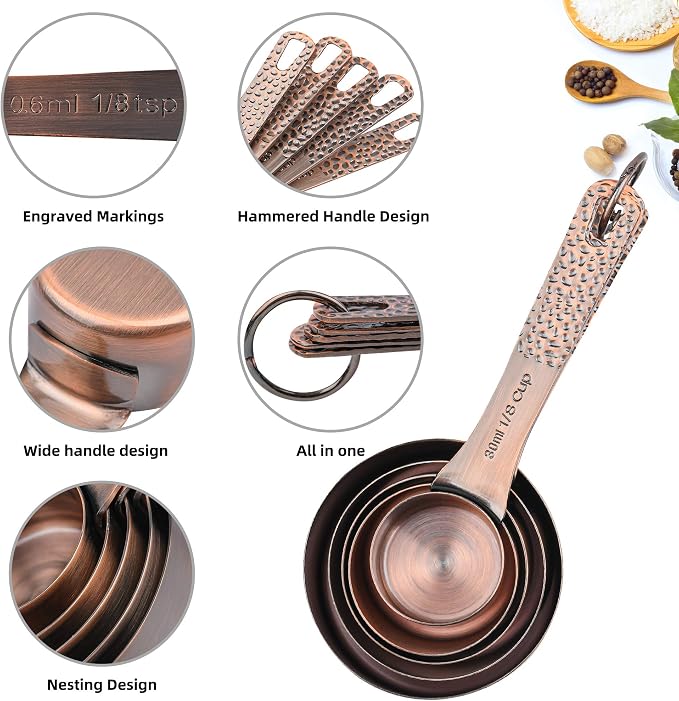 Measuring Cups and Spoons Set, Copper Measuring Cups and Spoons Set, 6 Copper Plated Measure Cups and 7 Metal Measure spoons and 1 Leveler for Kitchen & Baking