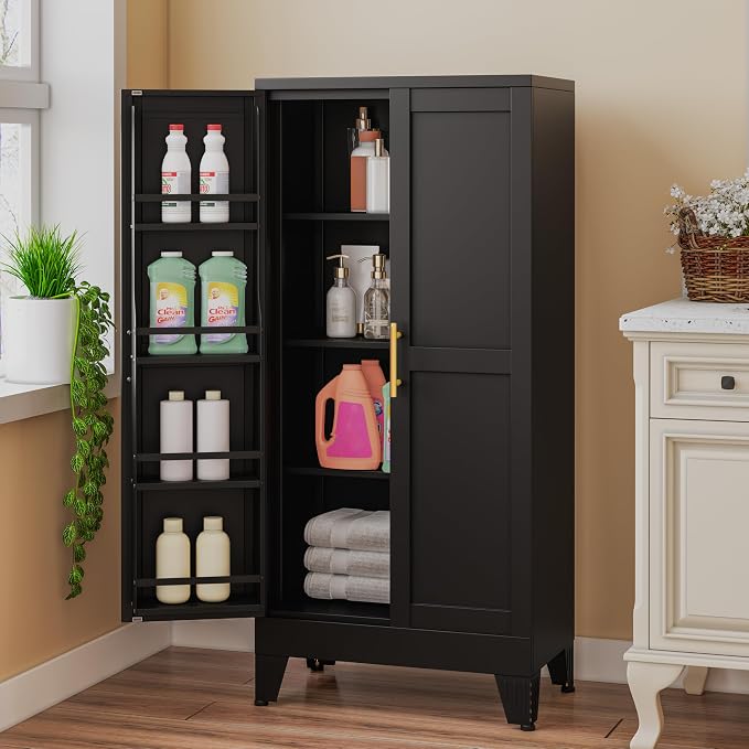 GAIOUS Metal Kitchen Pantry Cabinet, Food Storage Cabinets Black Cupboard | Storage Cabinet with 2 Door and 3 Adjustable Shelves, Freestanding Steel Sideboard, with Door Shelf, for Kitchen Dinning Room