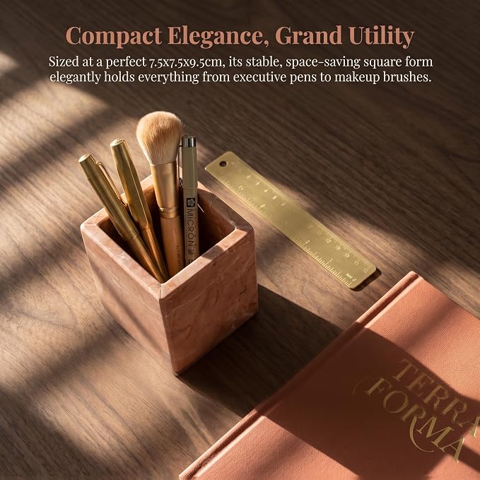 Natural Marble Pen Holder, 2.95” x 3.74” Square Makeup Brush Organizer, Toothbrush Holder, Multi-Purpose Marble Caddy for Desk, Bathroom Vanity, Small Flower Vase & Office Supplies (Rosa Verona)