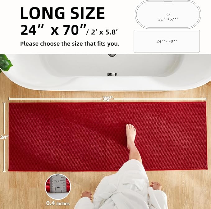 TYUU Christmas Bathroom Runner Rugs, Long Bath Mat Runner Washable Thin Quick Dry Low Pile Bathroom Runner Rugs Non Slip, Red 24"x70"