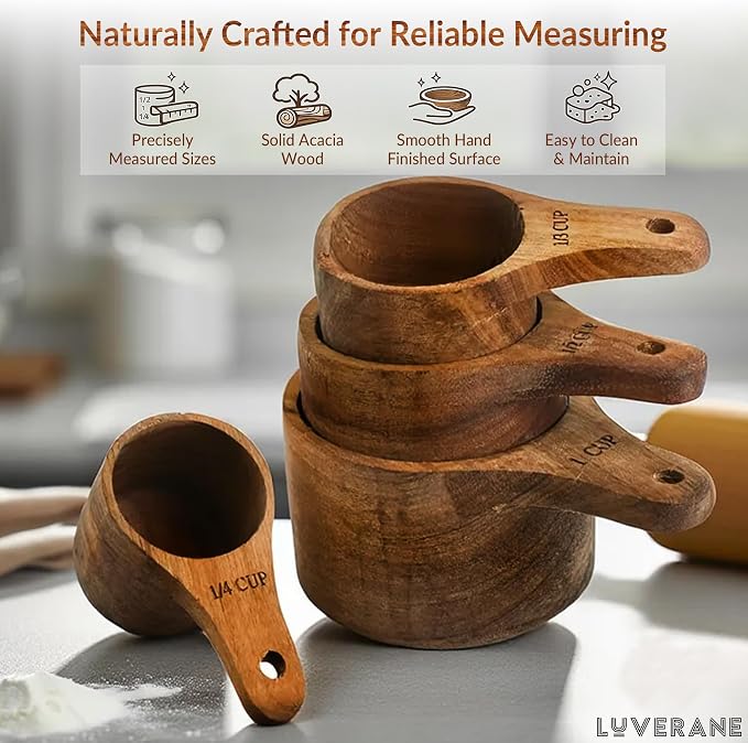 wooden measuring cups and spoons set - 8 Piece Solid Acacia Wood Stackable Kitchen Essentials for Precise Cooking, Baking & Food Prep - Engraved Measurements