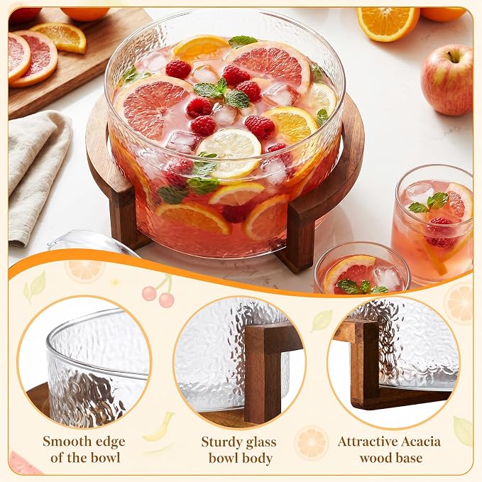 1.2 Gallon Glass Punch Bowl Set with Ladle, Hammered Glass | Acacia Wood Base, Textured Glass Finish, Elegant Centerpiece, Ideal for Holiday, Wedding, Parties & Gatherings