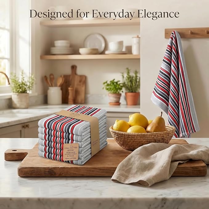 Urban Villa Kitchen Towels Waffle Stripes Dish Towels for Kitchen Grey Color Set of 6 Kitchen Towels Highly Absorbent Cotton Over Sized 20X30 in with Mitered Corners Kitchen Hand Tea Towels