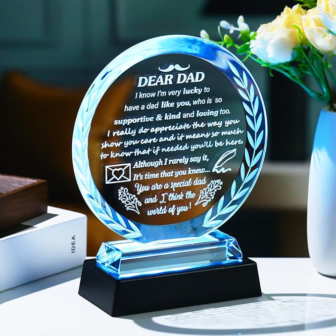 Arikyrist Fathers Day Dad Gifts from Daughter Son Crystal Dad Plaque with LED Light Base Presents for Dad's Birthday Christmas