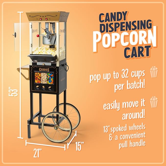 Nostalgia Popcorn Maker Machine and Dispensing Candy Cart - Vintage Popcorn Maker with 8 oz Stainless Steel Kettle - Bring Home the Fun with Theater Style Popcorn Machine - Black