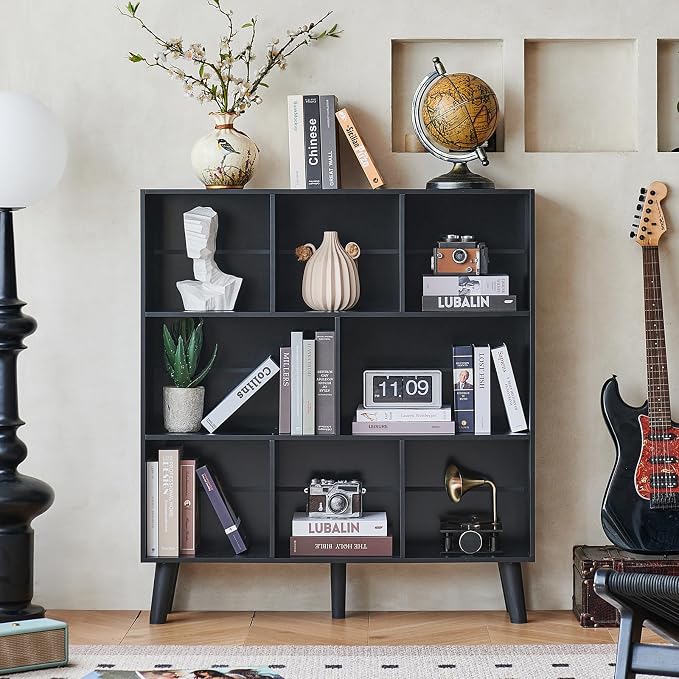 LEYAOYAO 8 Cube Bookshelf,Mid-Century Modern Book Shelf with Legs, Black | 3 Tier Bookcase, Rustic Wood Bookshelves Freestanding Large Storage Organizer, Open Shelves for Bedroom, Living Room, Office