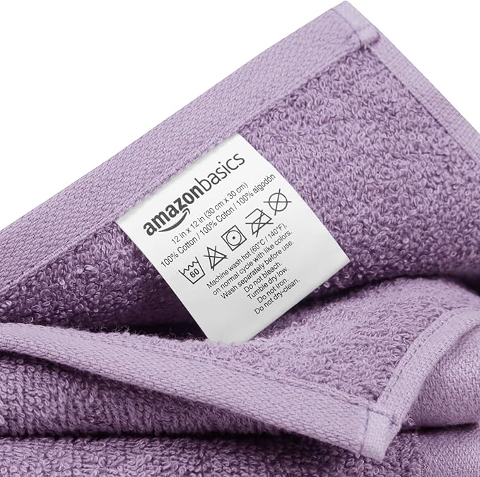 Amazon Basics Highly Absorbent, Fast Drying 100% Cotton Washcloths for Bathroom and Face, Machine Washable, 12 x 12 in, Petal Pink, Lavender, White, 24-Pack